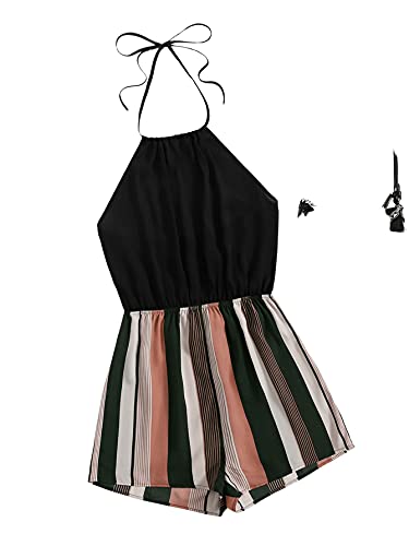 Shein Women's Sleeveless Floral Print Halter Neck Backless Short Romper Jumpsuit Green Stripes Small #TOP2
