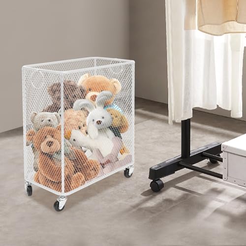 Image of Wire Metal Rolling Laundry Basket On Wheels,Mesh Wire Laundry Basket Storage Cart for Bathroom Bedroom Dirty Clothes Storage (H)