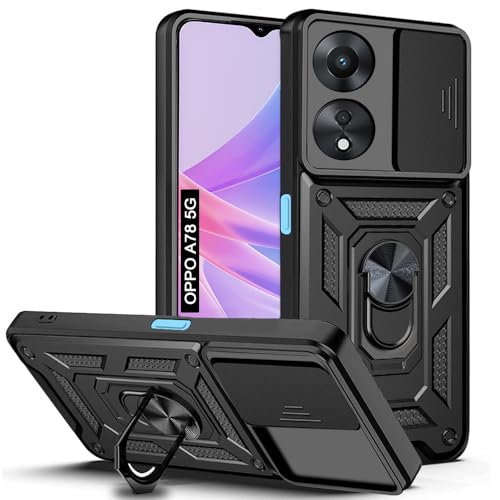 Image of AESTMO Tough Armor Oppo A78 5G Bumper Back Case Cover | Ring Holder & Sliding Camera Shield Cover | 360 Degree Protection Back Case Cover for Oppo A78 5G (Black)