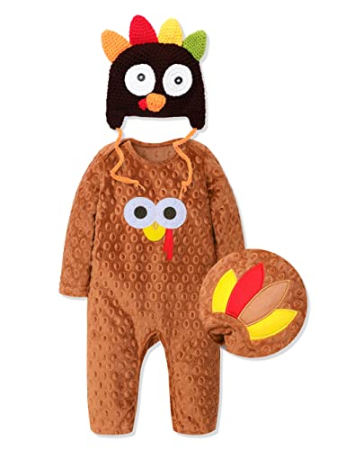 Image of Abbence Baby Boy Thanksgiving Clothes First Turkey 2PCS Outfit Set (Overalls Romper + Hat) 0-12 Months