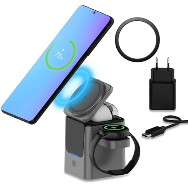Bezprzewodowa Ladowarka do Samsung od MMOBIEL – 15W Bezprzewodowa Stacja Ladująca 3 w 1 do MagSafe Samsung Galaxy S26/S25/S24/S23, Galaxy Watch 8/7/6, Galaxy Buds - Adapter 25W & Magnetyczny Pierścień