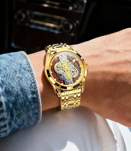 Image of OLEVS Skeleton Watch for Men Original Analog Quartz Luxury Black Stainless Steel Waterproof Luminous Men's Modern Wrist Watch
