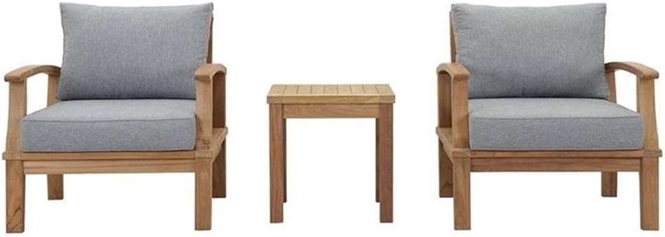 Pemberly Row Modern Teak Wood 3-Piece Patio Conversation Set, Natural/Gray Finish, Includes Table and 2 Chairs, Water & UV Resistant Cushions, Machine Washable Covers, Durable Outdoor Furniture