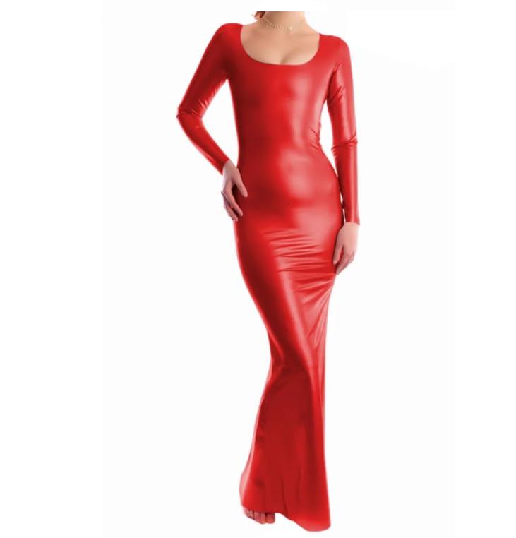 Robe longue en PVC à manches longues et col rond pour femme, coupe ajustée, taille haute, fermeture éclair dans le dos, robe de soirée en cuir