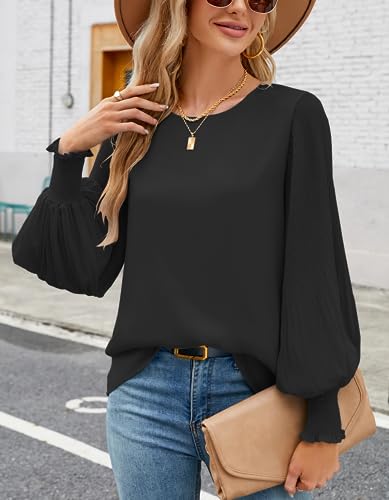 Image of Aifer Womens Tops Dressy Casual Long Sleeve Shirts Chiffon Blouses | Sheer Pleated Lantern Sleeves, Crew Neck, Back Keyhole, Versatile, Ideal for Office Workwear, Daily Outfits, Party Looks