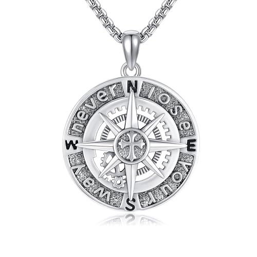 YAFEINI Compass Necklace 925 Sterling Silver Compass Pendant Necklace Graduation Jewelry for Men Father Husband