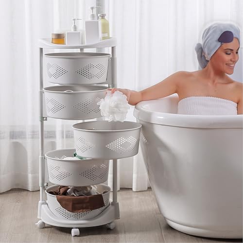 5 Tier Rotating Fruit Basket,Kitchen Storage Rack Shelf Carts,Circular Rotating Basket,Large Storage Rack & Fruit Vegetable Shelf,Rotatable Basket for Kitchen Bathroom Laundry Room White Five Layers