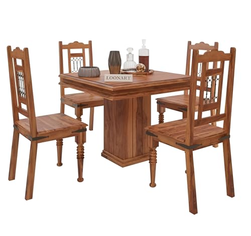 Image of Loonart Solid Sheesham Wood 4-Seater Dining Table Set with Pillar Base |Handcrafted Wooden Dining Furniture with Honey Finish |Compact Dining Set for Home| Kitchen Or Apartment Use|