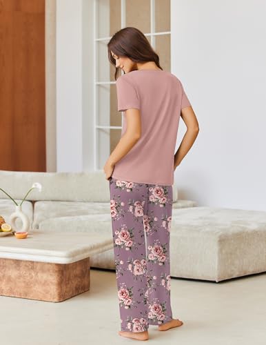 Image of Ekouaer Pajama Sets for Women 2 Piece Short Sleeve Pj V Neck Chest Pocket | Ladies Pajama Sets with Printed Long Pants, Soft Matching Pj Sleepwear, Casual Loose Fall Loungewear, S-XXL