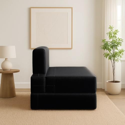 Image of PUM PUM 2-Seater Sofa Cum Bed | EPE Foam Foldable Couch with Velvet Fabric & Washable Cover | Convertible Sofa Bed for Home, Living Room & Office Guests | 3 x 6 Ft (Black)