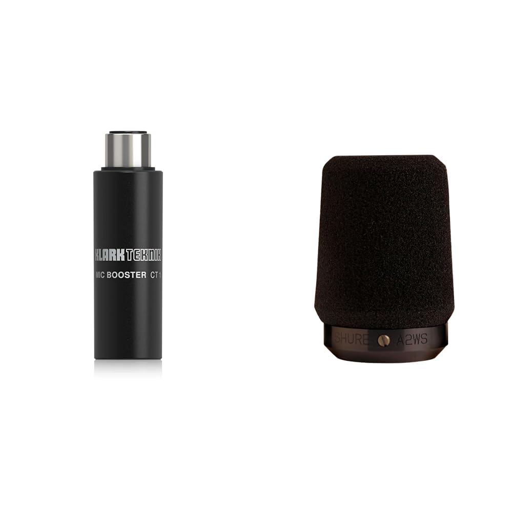 Klark Teknik MIC Booster CT 1 Compact Dynamic Microphone Booster Bundle with Shure A2WS Locking Microphone Windscreen for SM57 and 545 Series Mics