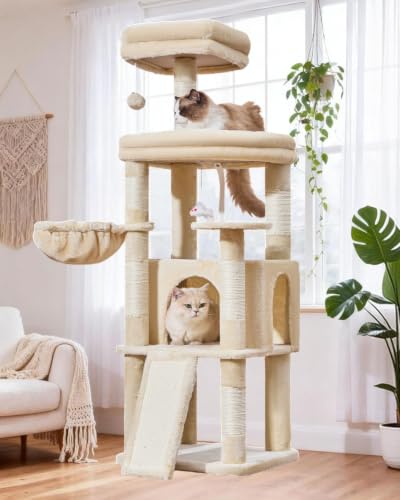 Image of Taoqimiao Sturdy Cat Tree, Cat Tower for Indoor Cats, Extra-Large Platform | 58.7Inch, Widened Cat Condo with Large Scratch Board, Top Perch, 6 Scratching Posts, Soft Basket, Cat Toys, Beige MS045M