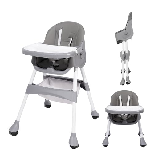 Image of Baby High Chair, 6 in 1 Convertible High Chairs for Babies and Toddlers, Toddler Feeding Chair with Double Removable Tray, Adjustable Footrest & Machine Washable Cushion（Grey）