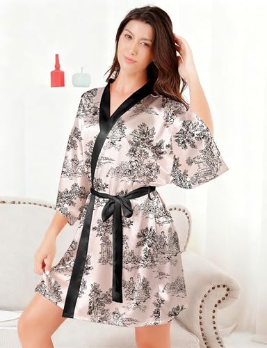 Image of EPLAZA Silk Robes for Women Satin Robe Short Sexy Print Flower Kimono Loungewear Wedding Bridal Party