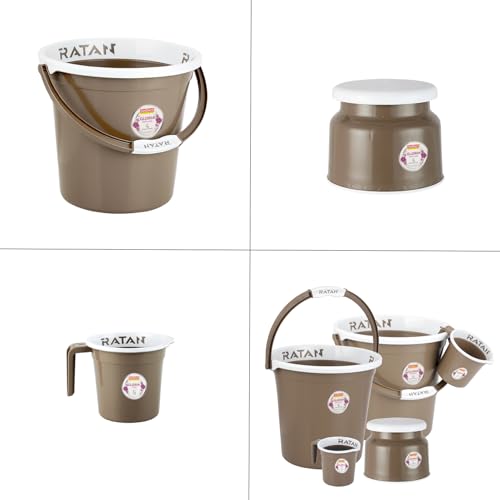 Image of RATAN PLASTICWARE Plastic Bathroom Set of 5 Pieces Combo Pack Gloria Plain 18 Liters 2 Pieces Bucket + Nova Stool Patla 107 + Two Gloria Plain Bath Mug 1 Liter Color Light Brown