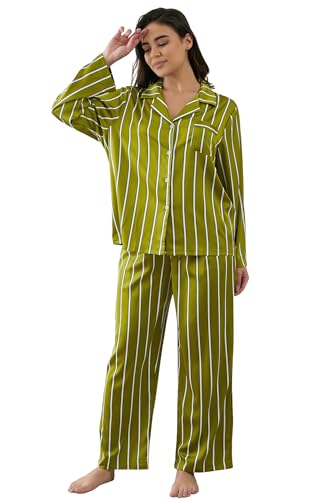 Image of YiNi LuLu Womens Silk Satin Pajamas Set Button Down 2 Piece Pjs Long Sleeve Oversized Sleepwear with Pockets