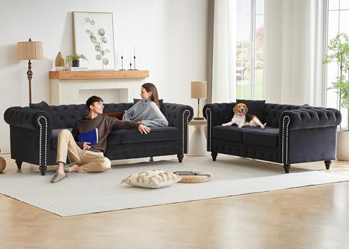 Image of 2 Piece Living Room Sofa Set, Velvet Button Tufted Couch and Loveseat Set with Nailhead Trim&Roll Armrests, Mid Century Modern Chesterfield Sofa for Living Room, Office(Loveseat+3 Seater, Dark Black)