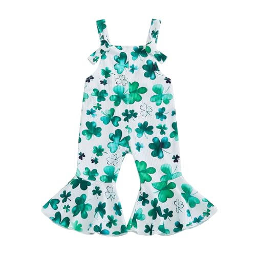 Gueuusu Baby Girl St Patrick's Day Outfit Clover Print Sleeveless Bell Bottom Romper Lucky Overalls Ribbed Flare Jumpsuit (White, 12-18 Months)