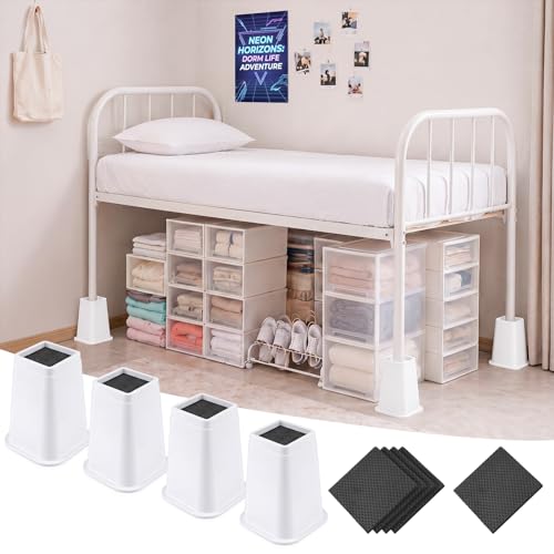 Novabright 4 Pack 8 Inch College Dorm Bed Risers Heavy Duty Extra Plastic Dorm Bed Extender Stackable Furniture Risers for College Room Storage Sofa Table Desk Couch Chair(White)