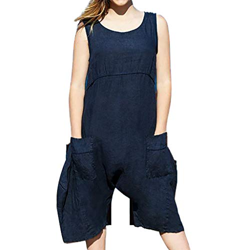 Preisvergleich Produktbild Lolamber Damen Weite Beinhose Lose Latzhose Jumpsuit Rundhalsausschnitt Casual Einfarbig Frauen Playsuits Pocket Kurze Ärmel Strampler Leinen Hose