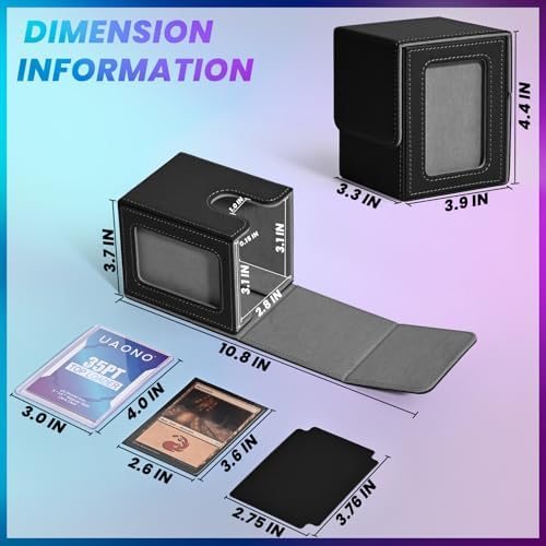UAONO Card Deck Box with MTG Commander Display, Patented Design Card Deck Case Holds 100+ Double-Sleeved Cards, PU Leather Cards Storage Box For TCG with 2 Dividers, 1 Toploader (Black) - 5