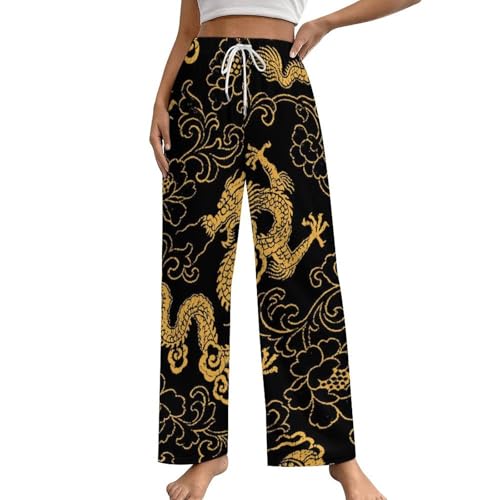 Pantalon de pyjama femme Dragon Doré bas de nuit avec poches taille S