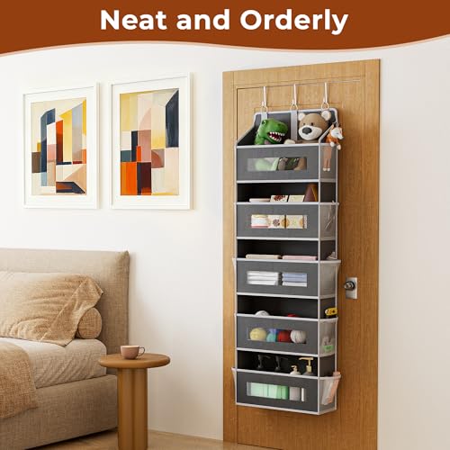 XyVoltic 5 Tier Over The Door Organizer - Large Capacity Behind Door Hanging Shelves with 10 Mesh Pockets and Clear Windows, Closet Organizers and Storage for Bathroom, Bedroom, Nursery, Grey — view 5