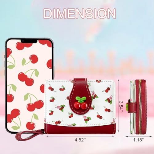 Cute Print Wallet Blueberry Strawberry Cherry Wallet with Credit Card Slot Zipper Coin Pocket for Women Girls (RED)3
