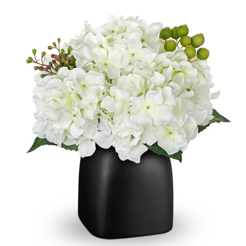 Briful Artificial White Hydrangea Arrangement in Matte Black Vase, Faux Floral Centerpiece with Green Berry, Modern Farmhouse Table Decor for Dining Room, Entryway, Living Room, Kitchen Coffee Office