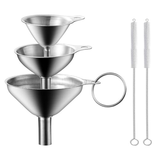 3 Stück Trichter Edelstahl mit 2 Reinigungsbürste Metall Einfülltrichter Set Mini Küche Strainer Trichter Kleiner für Übertragen von Flüssigkeit Kochölen (7.5/5.5/4.5cm)