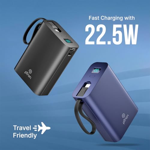 Image of pTron Dynamo Ultima 20000mAh Pocket Size Nano Power Bank, 22.5W Superfast Charging, 20W Type-C /PD Fast Charging, Built-in Type C Cable, Also Supports VOOC /Wrap /Dash /QC3.0 /PPS Charge Protocols (Blue)