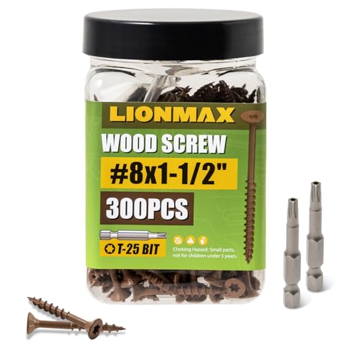 Image of LIONMAX Wood Screws 1-1 /2 Inch, Deck Screws #8 x 1-1 /2 inch, 300 PCS, Rust Resistant, Epoxy Coated, Exterior Wood Screw, Outdoor Decking Screws, Torx /Star Drive Head, T25 Star Bit Included, Brown