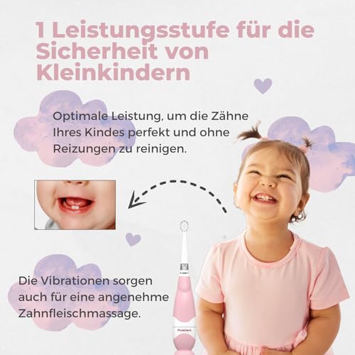 PixieDent Elektrische zahnbürste für Kinder Schallzahnbürste ultraschall mit 2 ersatzbürsten und 2 Modi Timer Zeitschaltuhr Sanfte Borsten LED Kinderzahnbürste von 0-3 Jahre (Rosa, Baby) – Bild 3