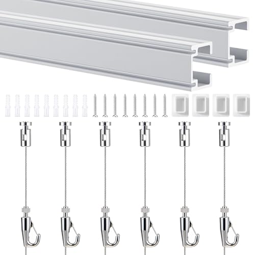Ferrochef 2 Set 56" Picture Rail Hanging System Including 2 Pcs 56" Aluminum Rails, 6 Steel Cables, 6 Hooks, 4 End Caps and Installation Hardware for Large Picture Poster Gallery Museum Home