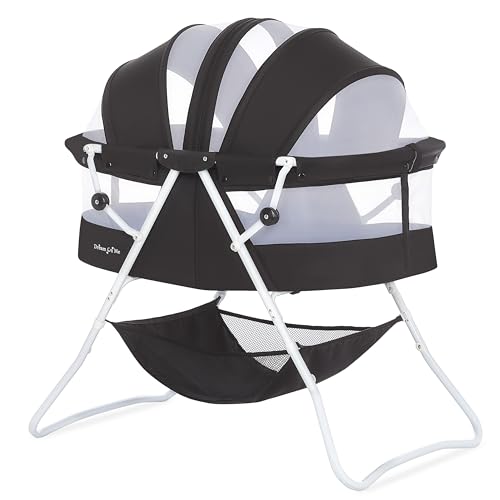 Dream On Me Karley Bassinet in Black, Lightweight Portable Baby Bassinet, Quick Fold and Easy to Carry, Adjustable Double Canopy, Indoor and Outdoor Bassinet with Large Storage Basket.
