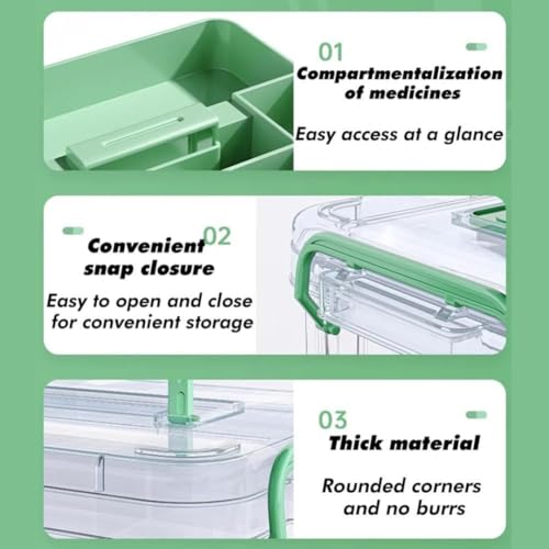 Image of HoopVool Clear Plastic Medicine Storage Box Organizer, Family Emergency Kit with Removable Pill Case Portable Lockable Container for, Art Craft and Cosmetic Household Organizer (Green, Small)