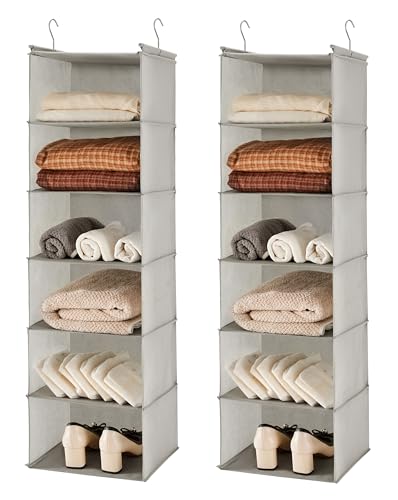 Image of MAX Houser 6 Tier Shelf Hanging Closet Organizer, Closet Hanging Shelf with 2 Sturdy Hooks for Storage,2 Pack, Foldable (Light Grey)
