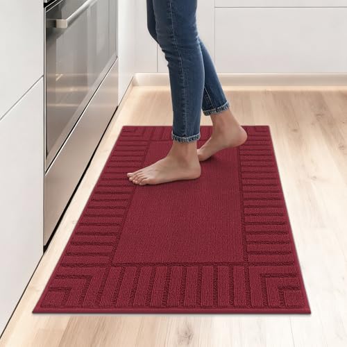 BEQHAUSE-Kitchen-Rugs-and-Mats Non Skid Washable Kitchen Mats for Floor Red Kitchen Rug Polypropylene Kitchen Mat with TPR Backing 24”x35” Burgundy Red 24”x35”