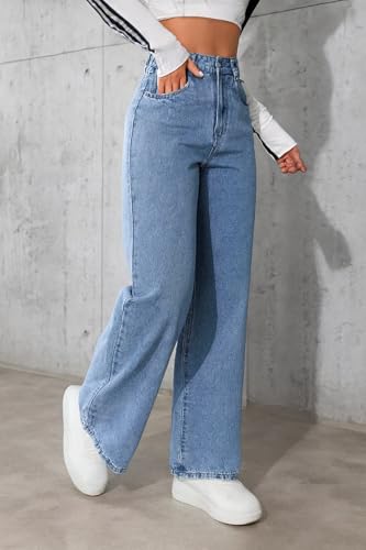 Image of Ice Blue High Waist Wide Leg Denim Jeans for Women.