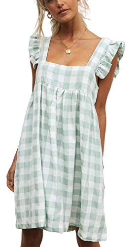 Bienwwow Damen-Sommerkleid, kariert, ärmellos, mit Rüschen, U-Ausschnitt, A-Linie, plissiert, Mini-Kleid, kurzes Freizeitkleid Gr. L, grün