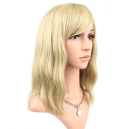 Blonde Wig with Bangs for Women Medium-Length - Short Wavy Blond wigs (14 Inch)