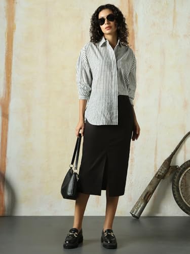 Image of HIGH Star Oversized Striped Cotton Shirt for Women | Stylish Tops for Women | Comfortable and Trendy Casual Shirt