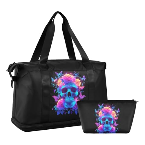 Skull Butterfly Blue Travel Duffel Bag for Women Men Gym Bag with Shoe Compartment Wet Pocket Carry On Weekender Overnight Bags for Airline Travel Gym2