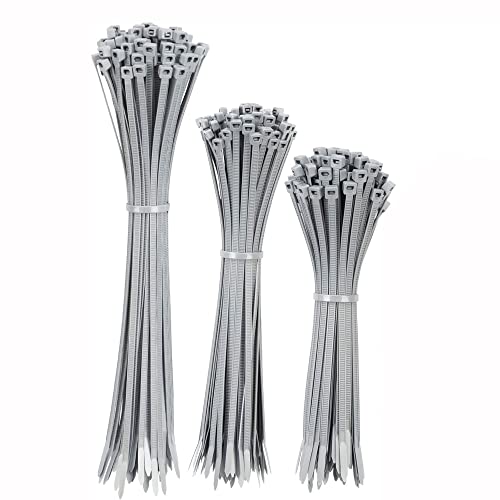 100pc Silver Plastic Cable Ties, 3 Different Sized Tie Wraps, Durable Strong Plastic Material Ensuring Longevity, Self Locking Zip Ties Ideal for Home, Office, Garden and DIY (Silver)