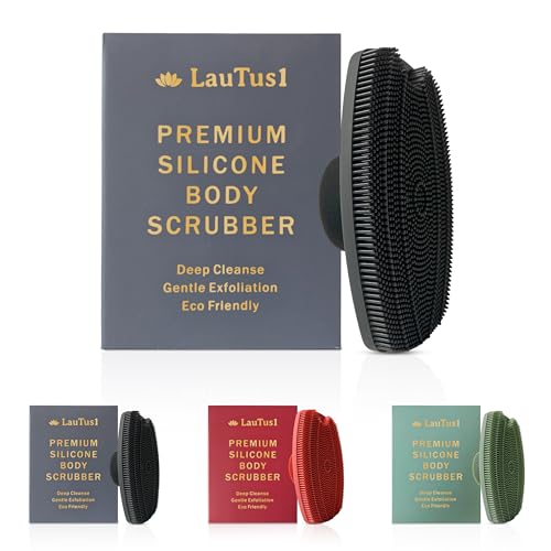LauTus1 Silicone Body Scrubber Exfoliating Shower Brush with Suction Handle & Hook Soft Loofah for Men & Women Gentle Hygienic Reusable Graphite Black