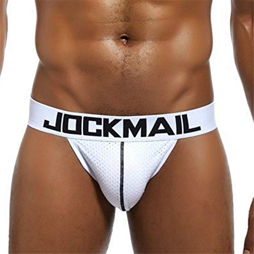JOCKMAIL Brand Sexy Men underwear jock straps Nylon mesh breathable tanga hombre G-string Thongs gay Underwear men Jockstraps (XL, White)