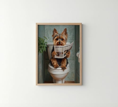 Image of Yorkshire Terrier on Toilet Wood Framed Wall Art Print Poster, Dog Bathroom Humor Decor Posters Prints for Restroom Home Picture Painting Artwork Gallery 7 (Yorkshire Terrier, 10 inchL x 8 inchW, Wood Frame)