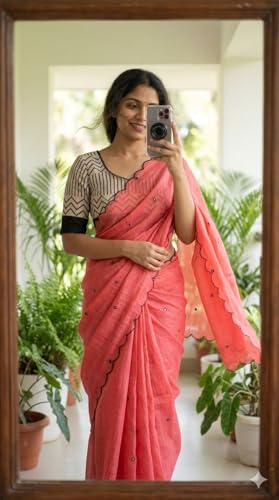 Image of Linen Cotton Saree with Black Mirror Work | New