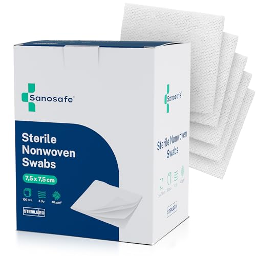 Sanosafe 100 pièces Compresses Stériles non tissées 7,5x7,5 cm | Pour soin des plaies | Douces, absorbantes & sans peluche