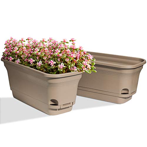 T4U Self Watering Planters Plastic Rectangular Plant Pot, Modern Decorative Flower Pot/Window Box For All House Plants, Flowers, Herbs, African Violets, Succulents - Brown, Set Of 2 #TOP24